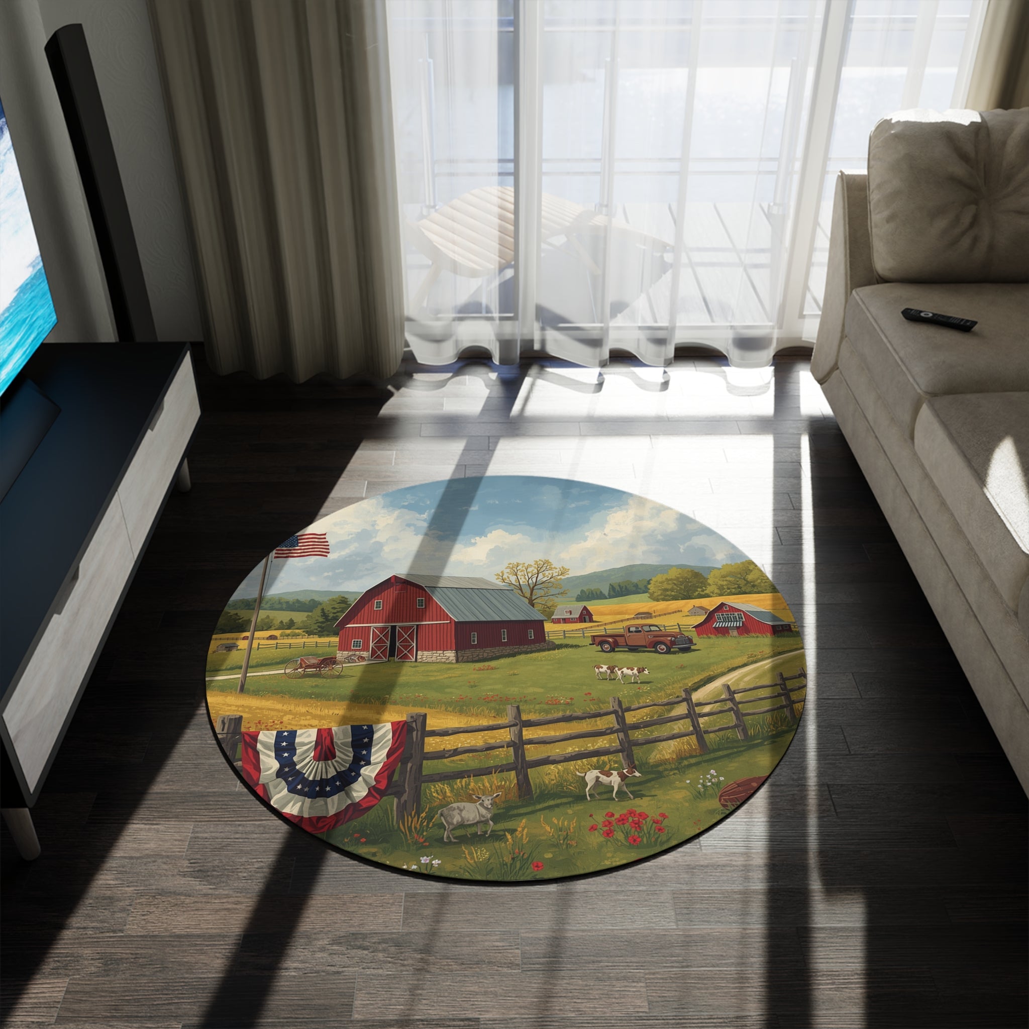 Country Farmhouse Barn Scene Round Rug Americana Farm Landscape Floor Mat