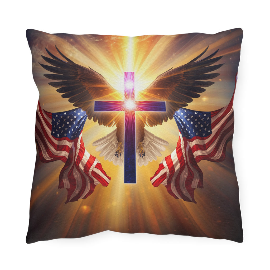 Patriotic Christian Cross with Eagles and Flags Outdoor Pillow | Psalm 33:12 Outdoor Pillow