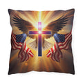Patriotic Christian Cross with Eagles and Flags Outdoor Pillow | Psalm 33:12 Outdoor Pillow