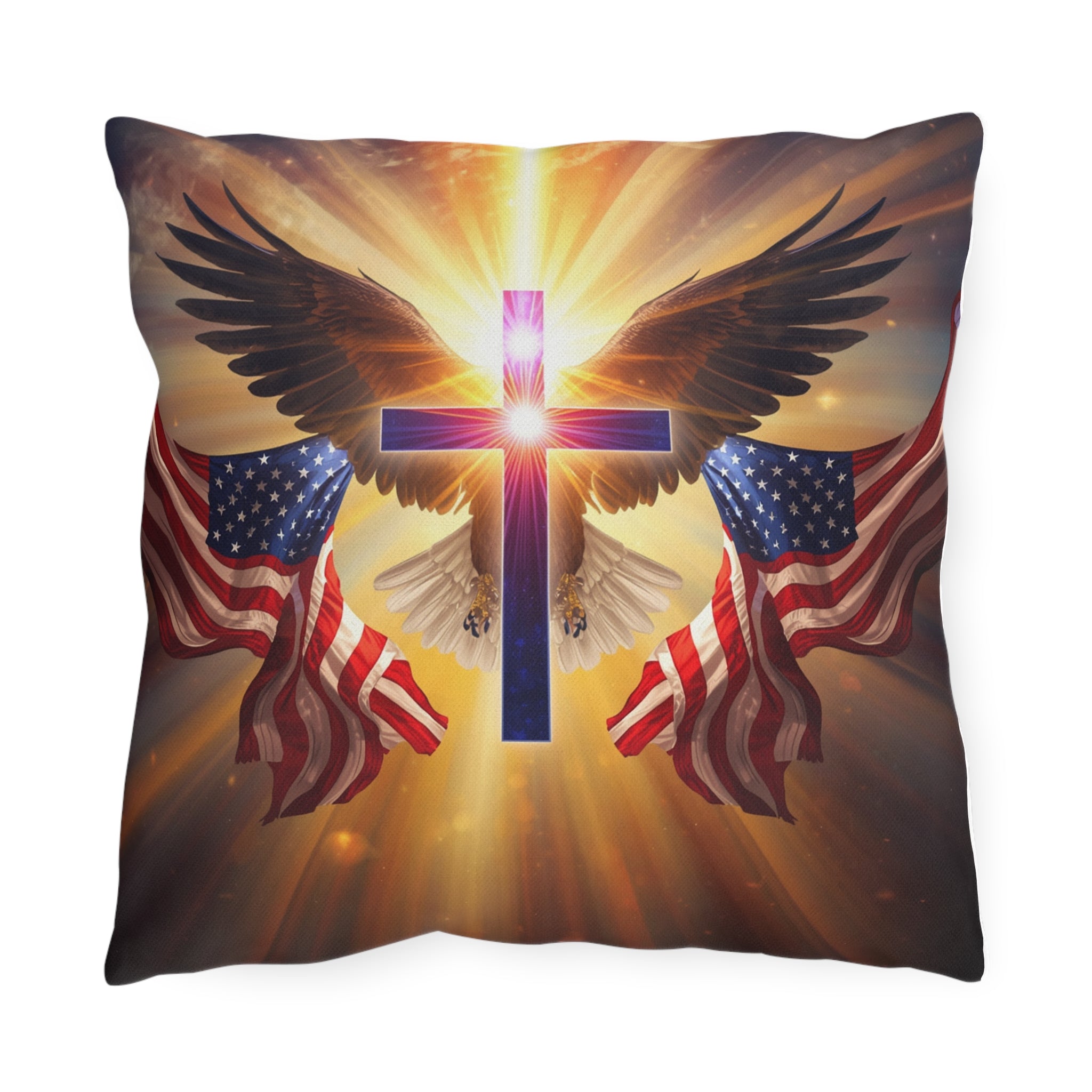 Patriotic Christian Cross with Eagles and Flags Outdoor Pillow | Psalm 33:12 Outdoor Pillow