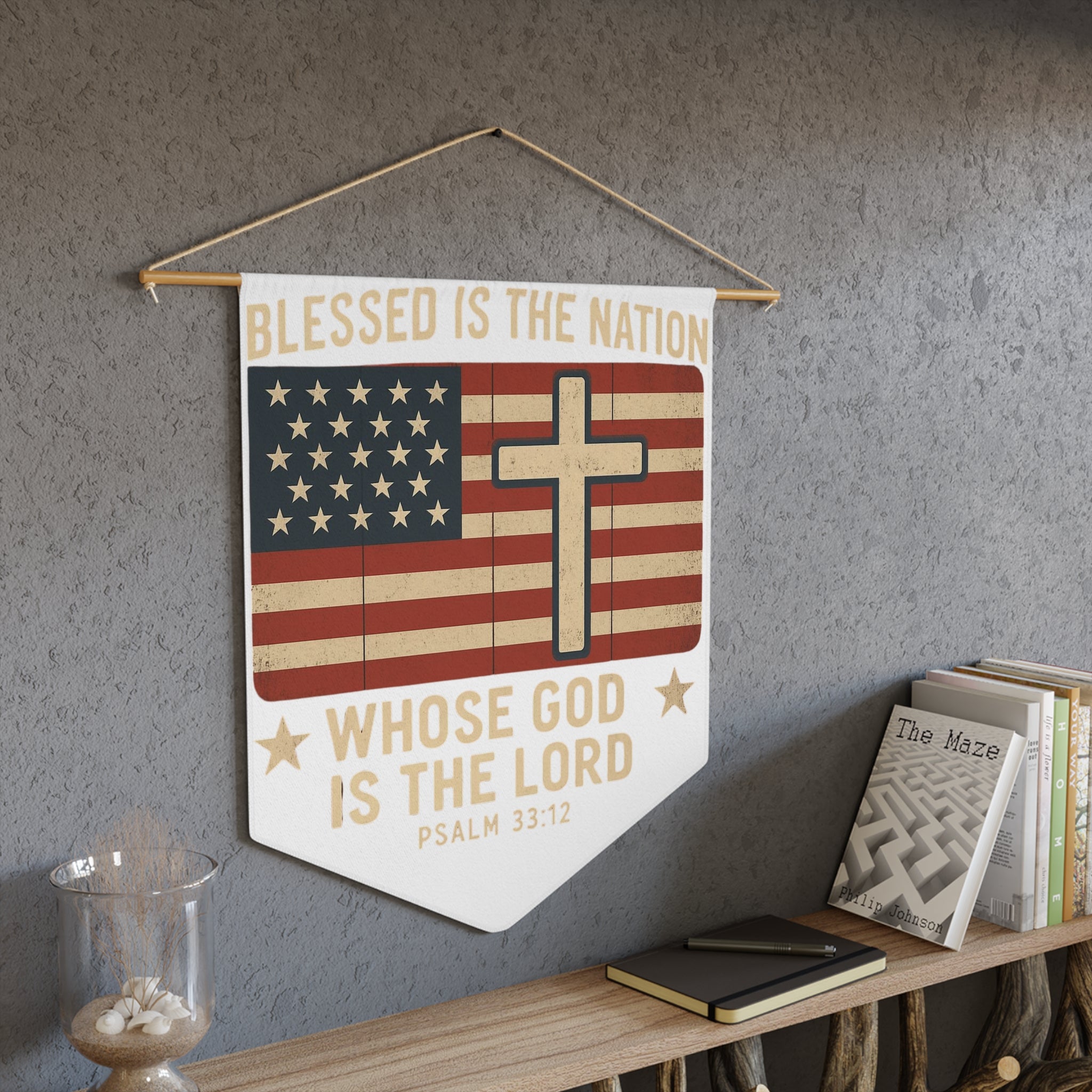 Blessed Is the Nation cross American flag Pennant | Psalm 33:12 wall decor