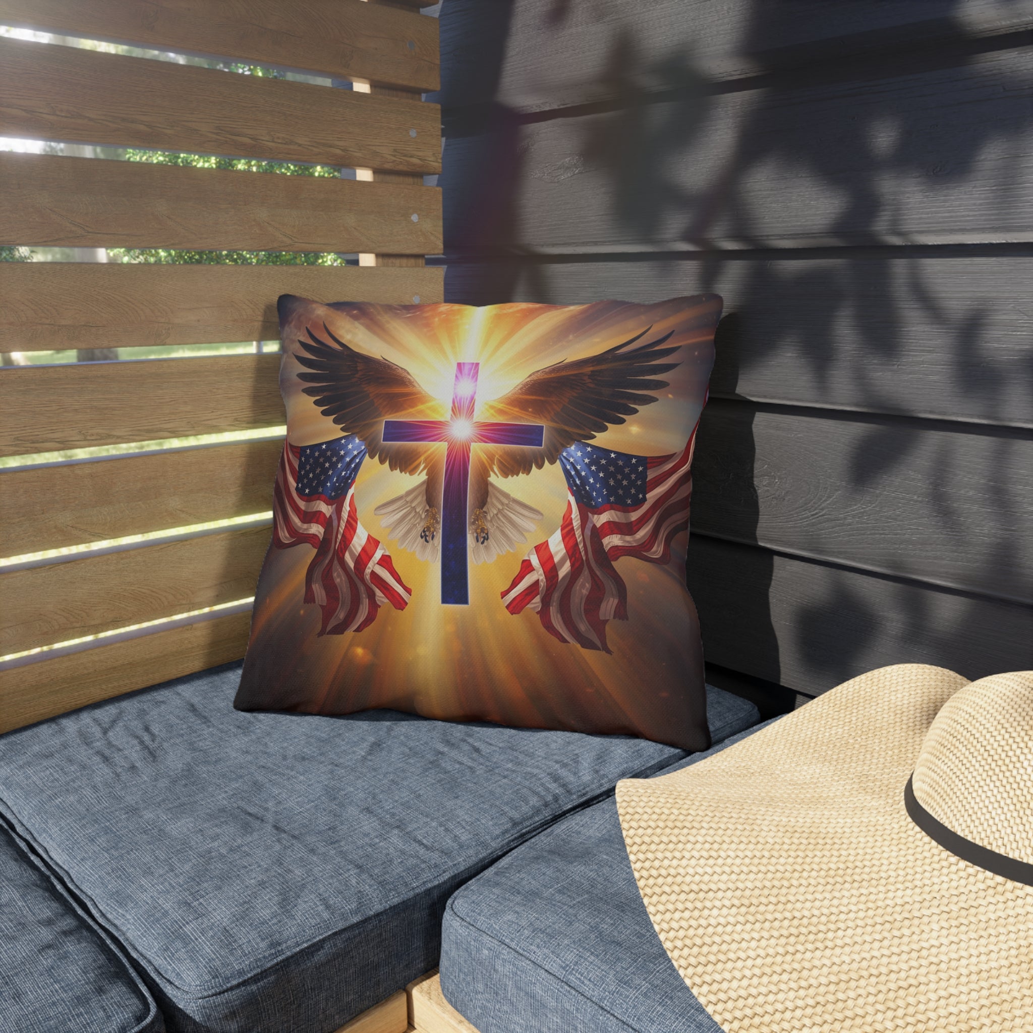 Patriotic Christian Cross with Eagles and Flags Outdoor Pillow | Psalm 33:12 Outdoor Pillow