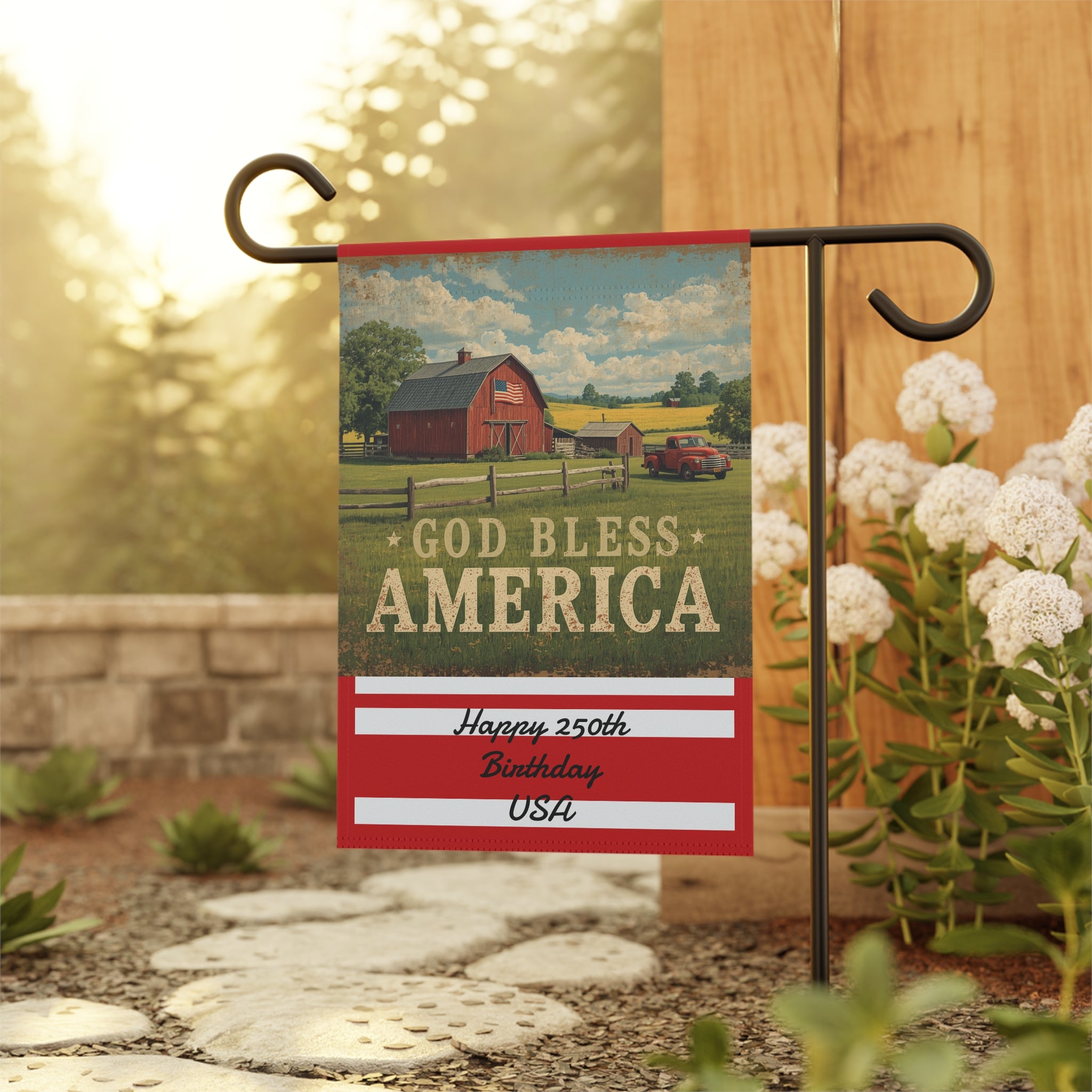 God Bless America Garden Flag Garden & House Banner, Patriotic Barn Design