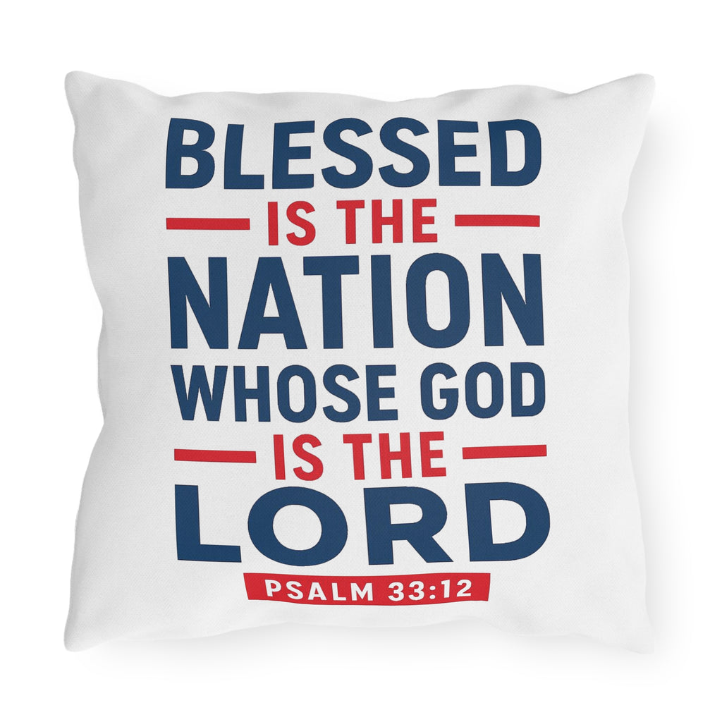 Patriotic Christian Cross with Eagles and Flags Outdoor Pillow | Psalm 33:12 Outdoor Pillow