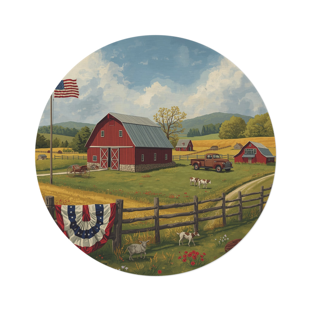 Country Farmhouse Barn Scene Round Rug Americana Farm Landscape Floor Mat