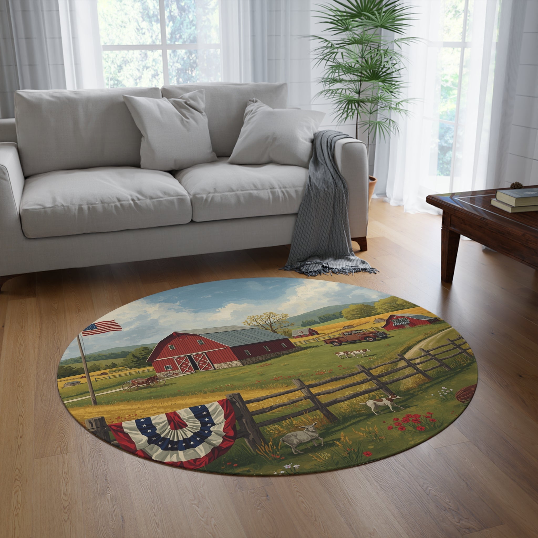 Country Farmhouse Barn Scene Round Rug Americana Farm Landscape Floor Mat