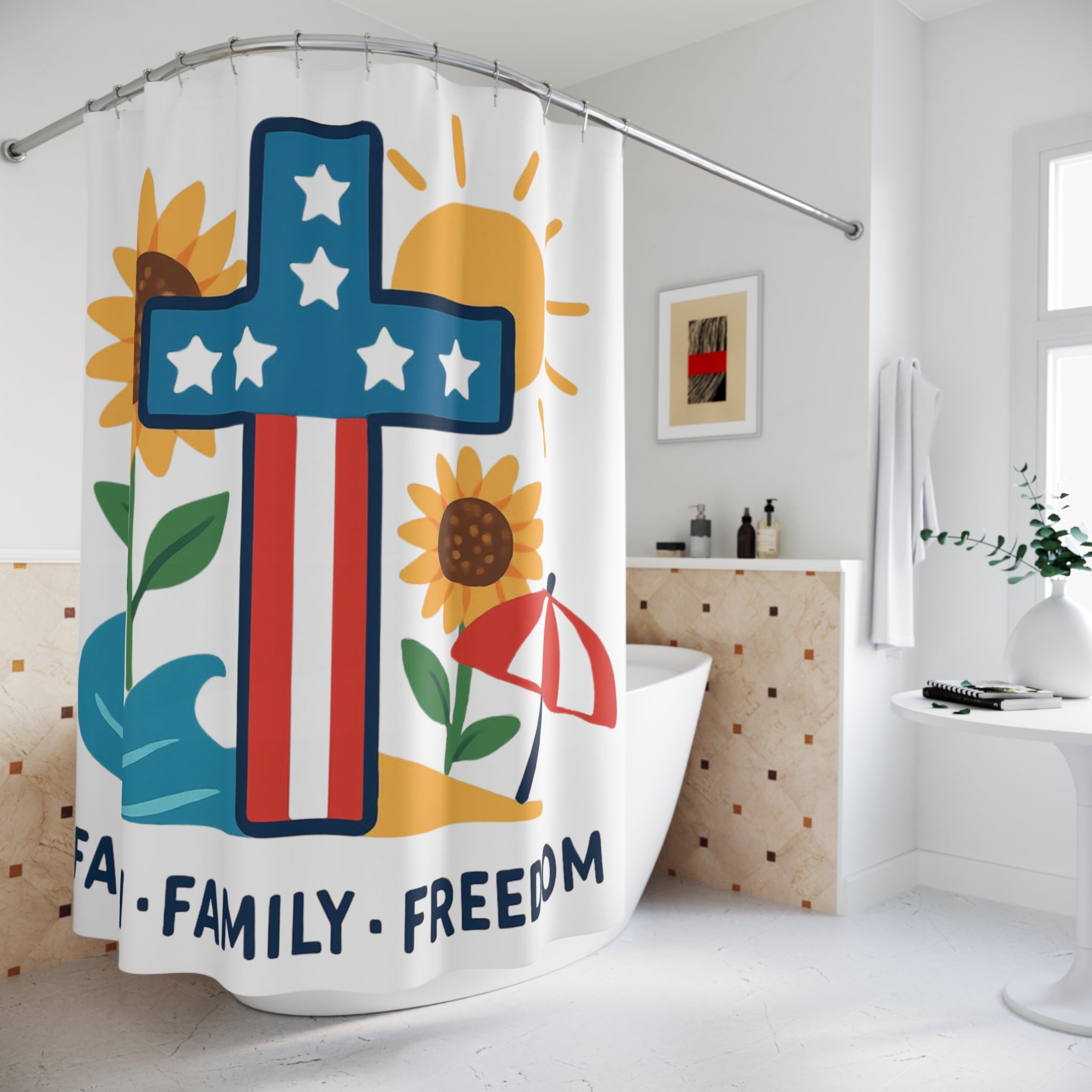 Faith Family Freedom Patriotic Sunflowers Shower Curtain