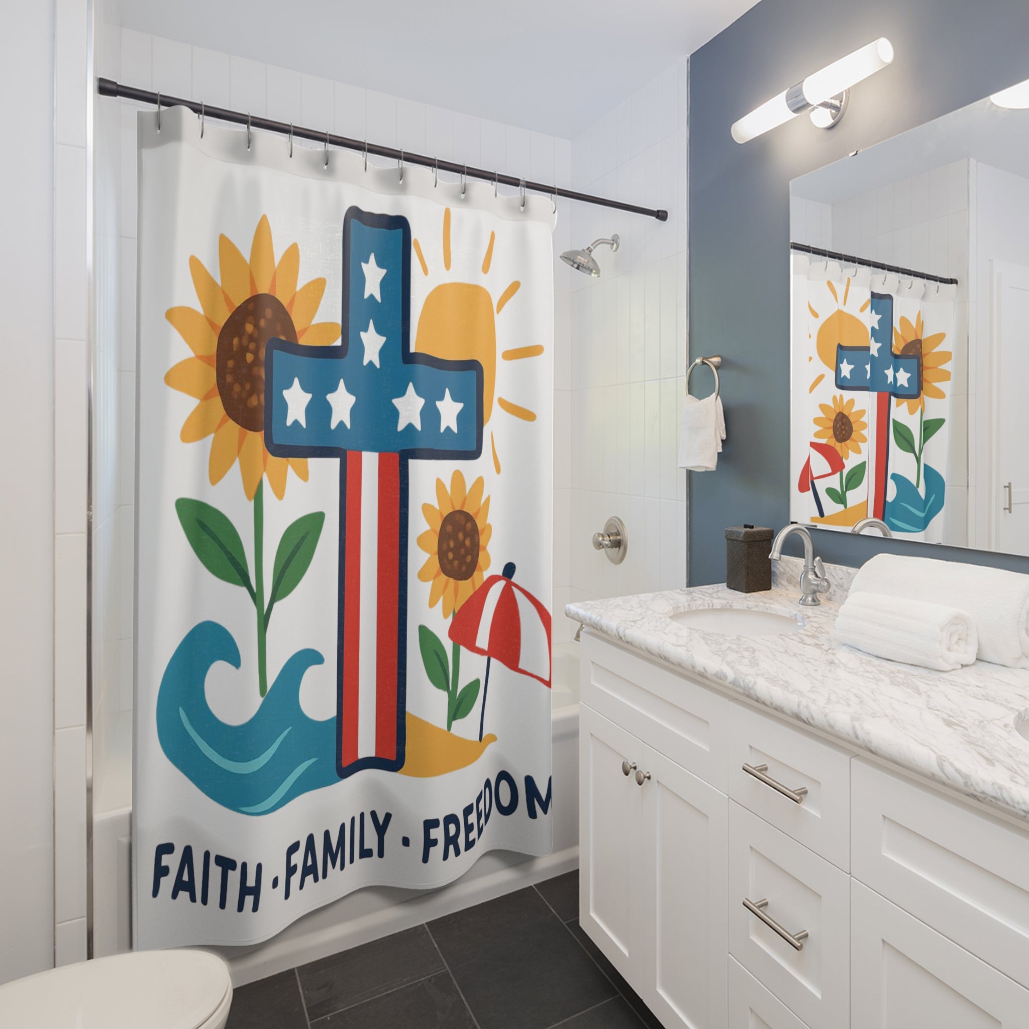 Faith Family Freedom Patriotic Sunflowers Shower Curtain
