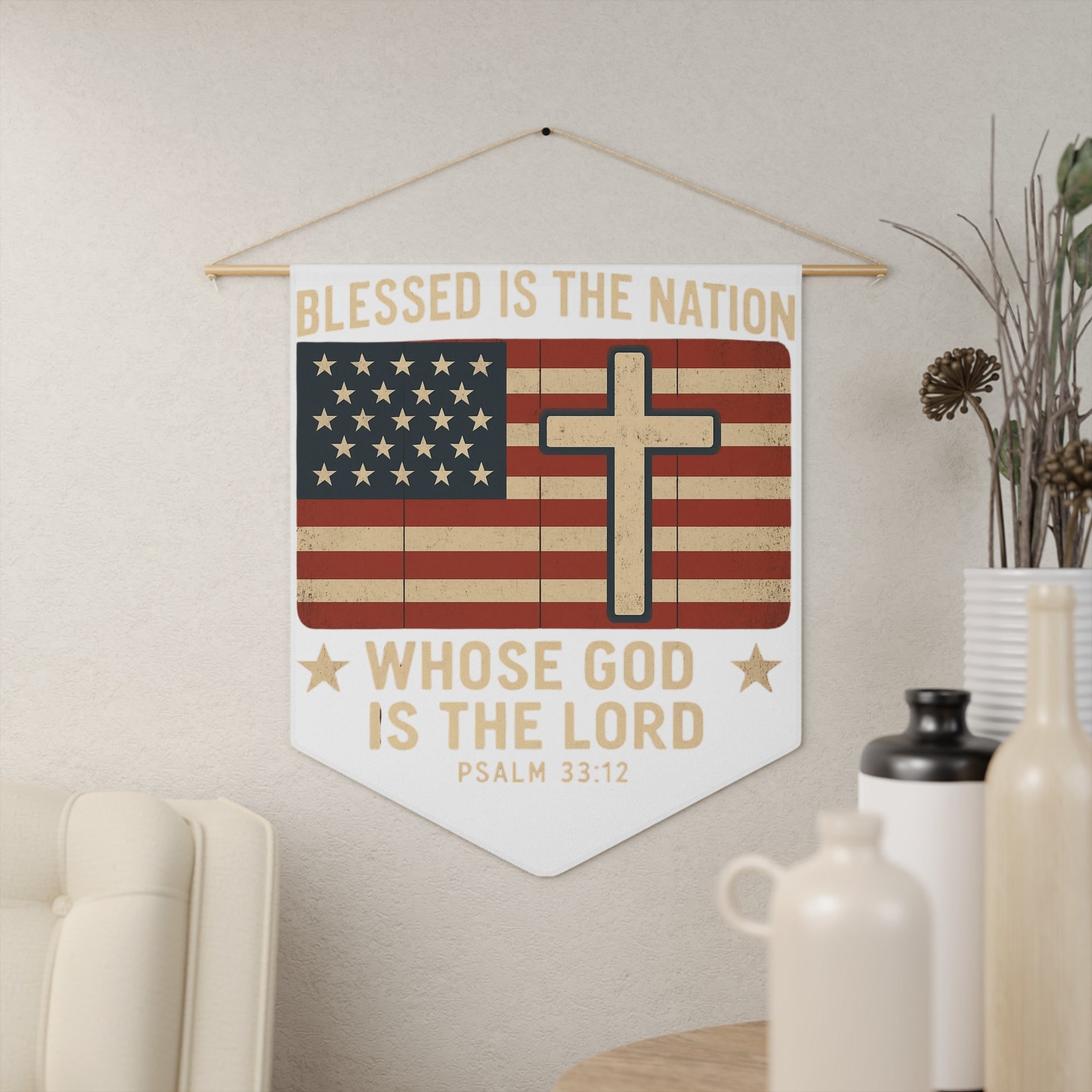 Blessed Is the Nation cross American flag Pennant | Psalm 33:12 wall decor