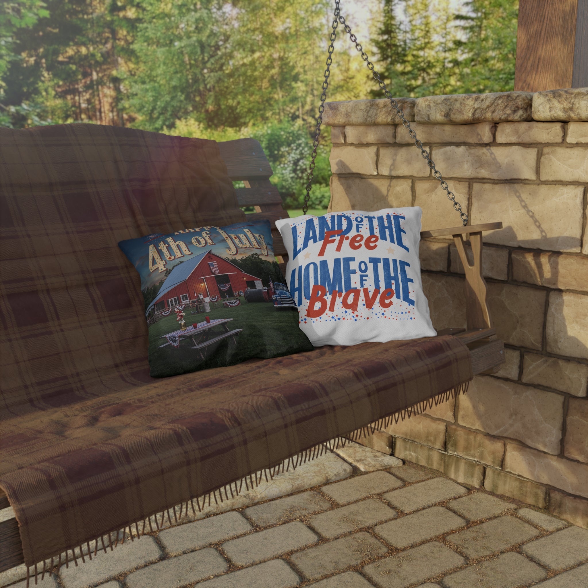 4th of July Barn Scene Outdoor Pillow | Land of the Free Home of the Brave Outdoor Pillow