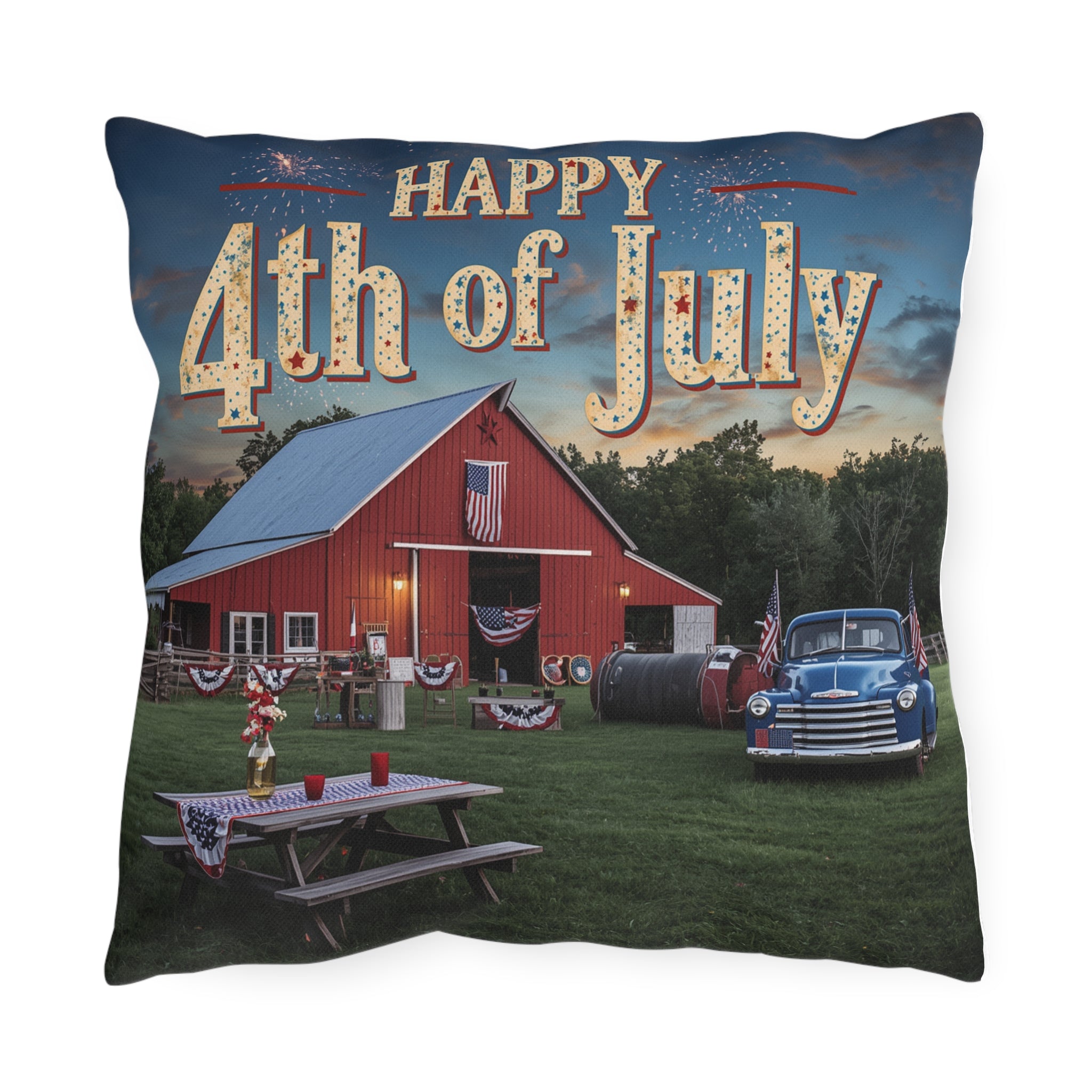 4th of July Barn Scene Outdoor Pillow | Land of the Free Home of the Brave Outdoor Pillow