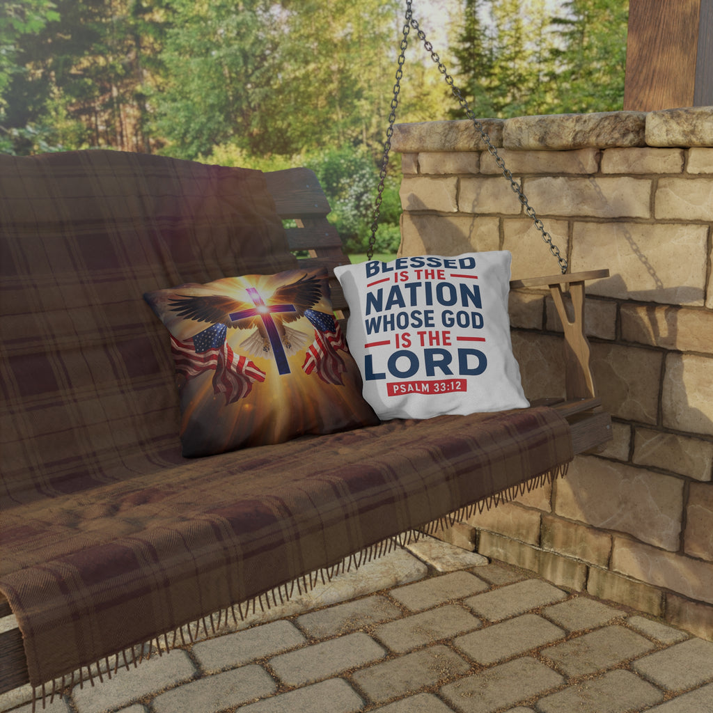 Patriotic Christian Cross with Eagles and Flags Outdoor Pillow | Psalm 33:12 Outdoor Pillow